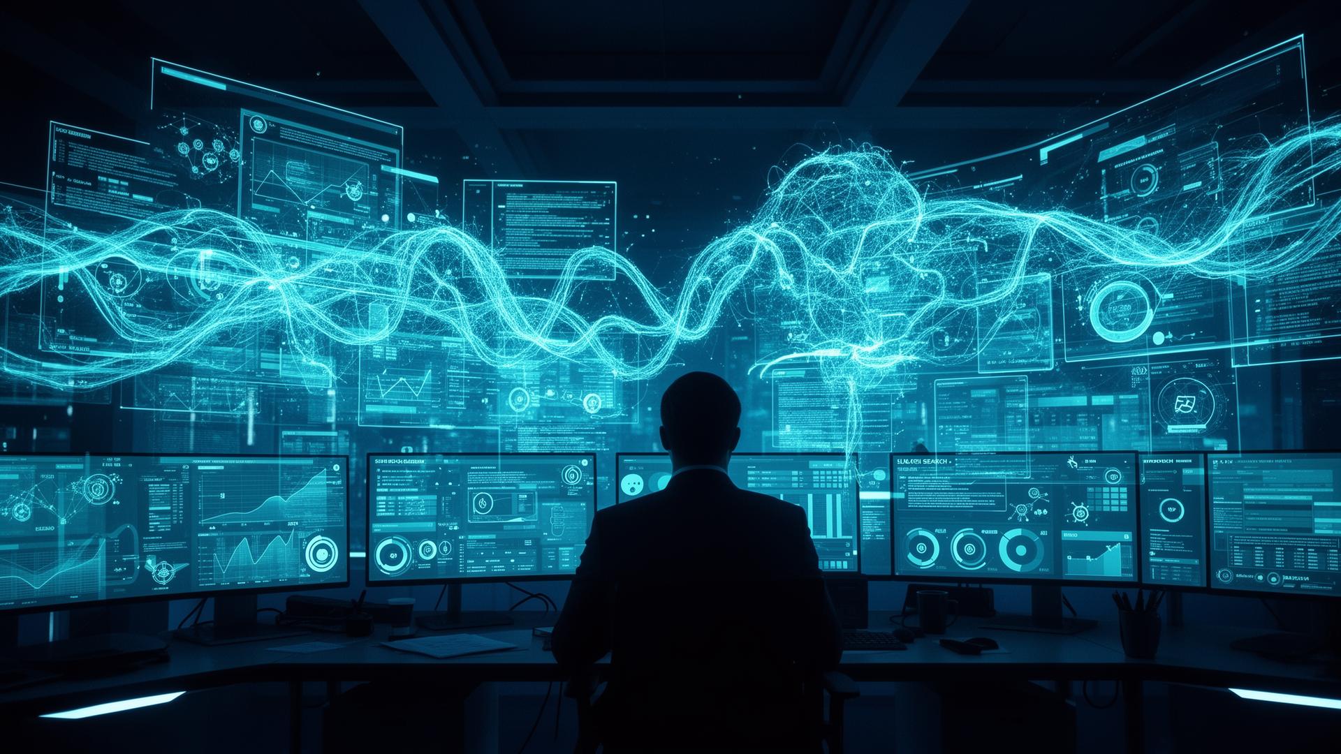 Strategic command center analyzing AI search data and optimization metrics