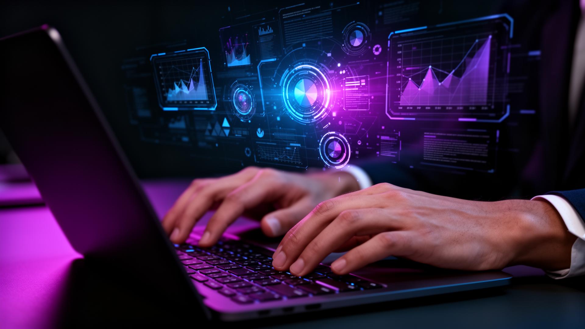 Hands typing on laptop with holographic AI data visualizations