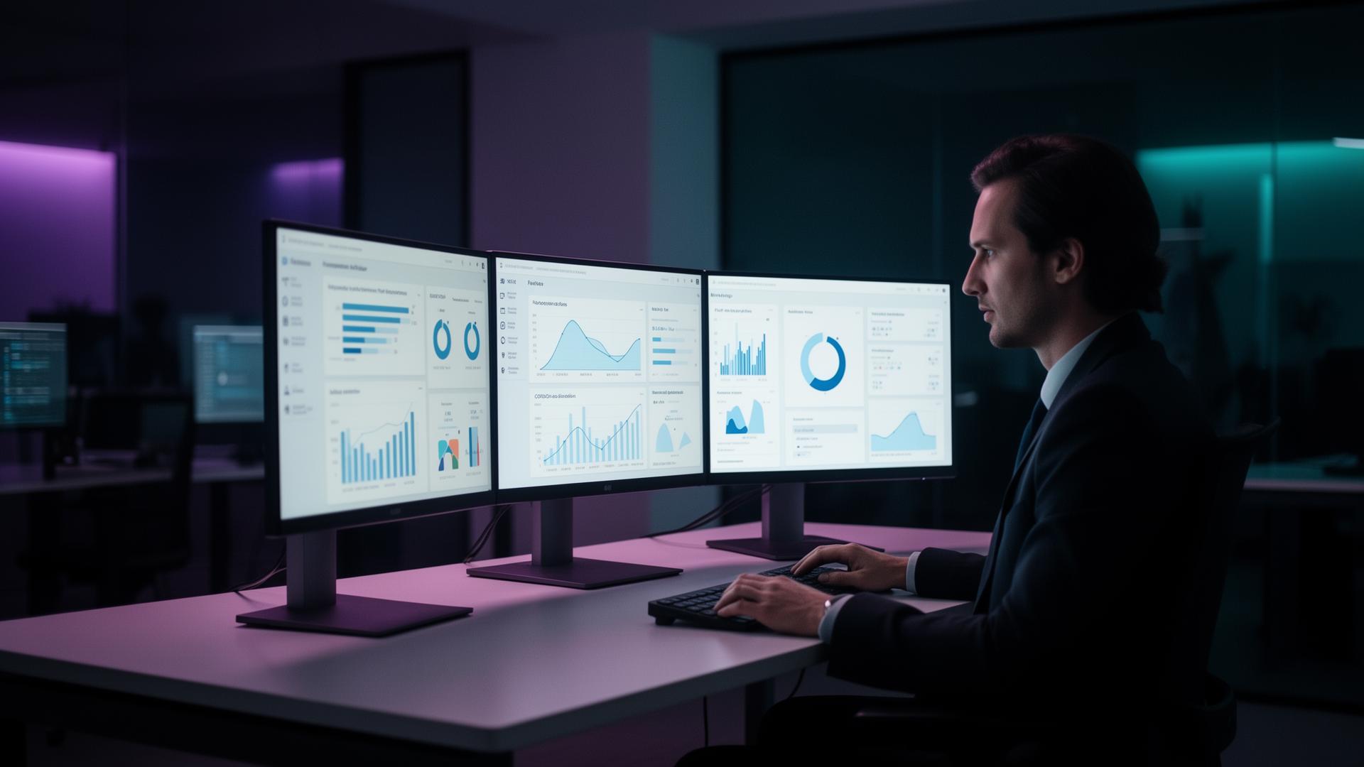 Business professional analyzing AI marketing analytics dashboards in modern office