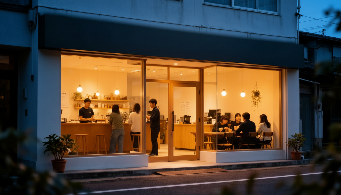 Modern small business storefront at dusk with warm interior lighting