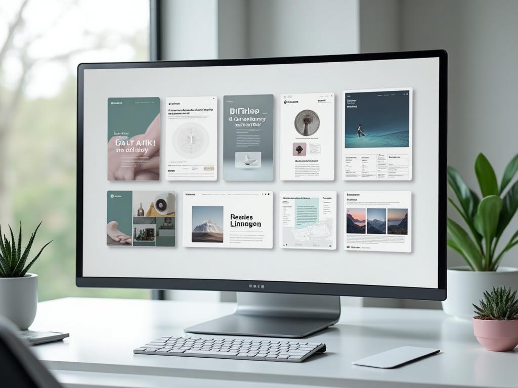 Modern web design workspace with design templates on display